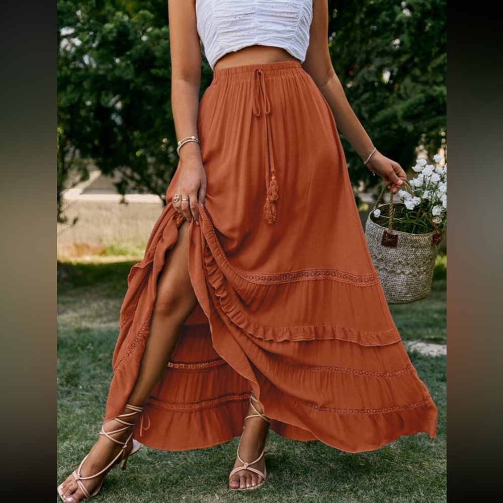 Boho frill trim tassel maxi skirt